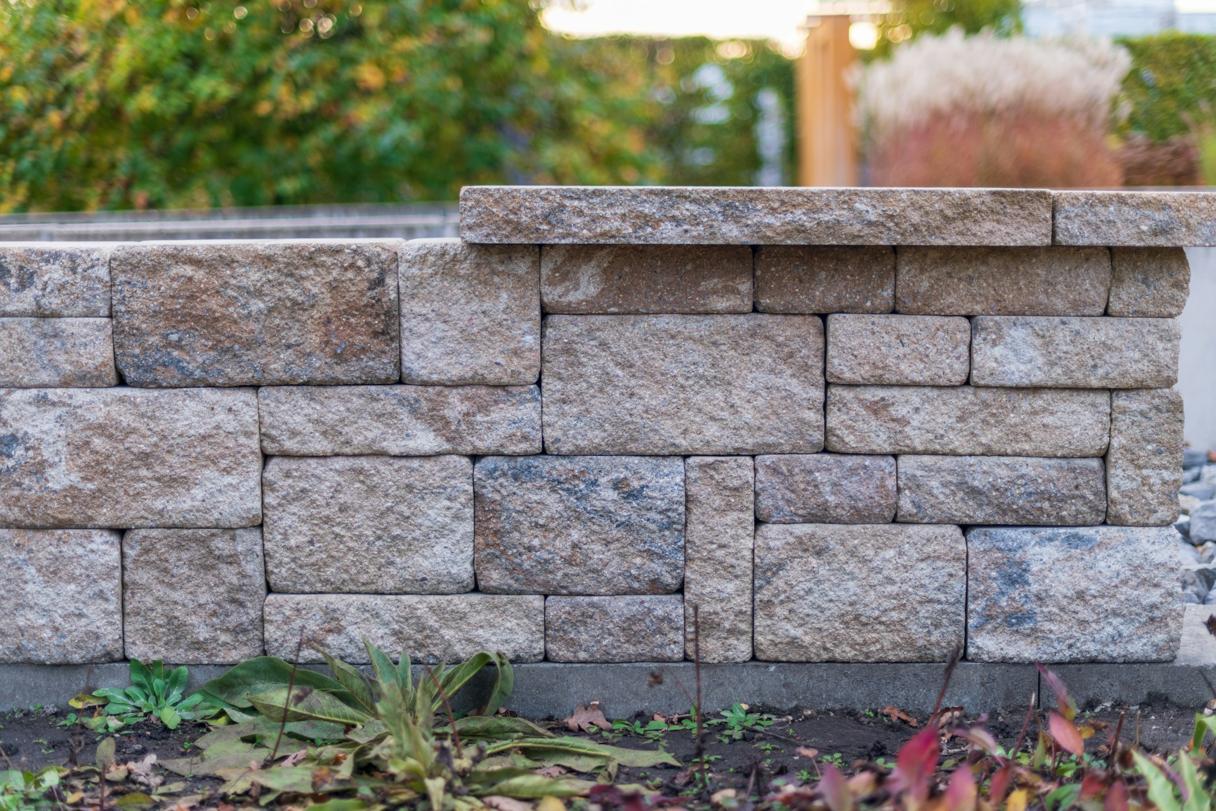 Close view of a dry-stacked split-face block garden wall topped with a flat cut cap course, a planting bed with fallen leaves running along its base