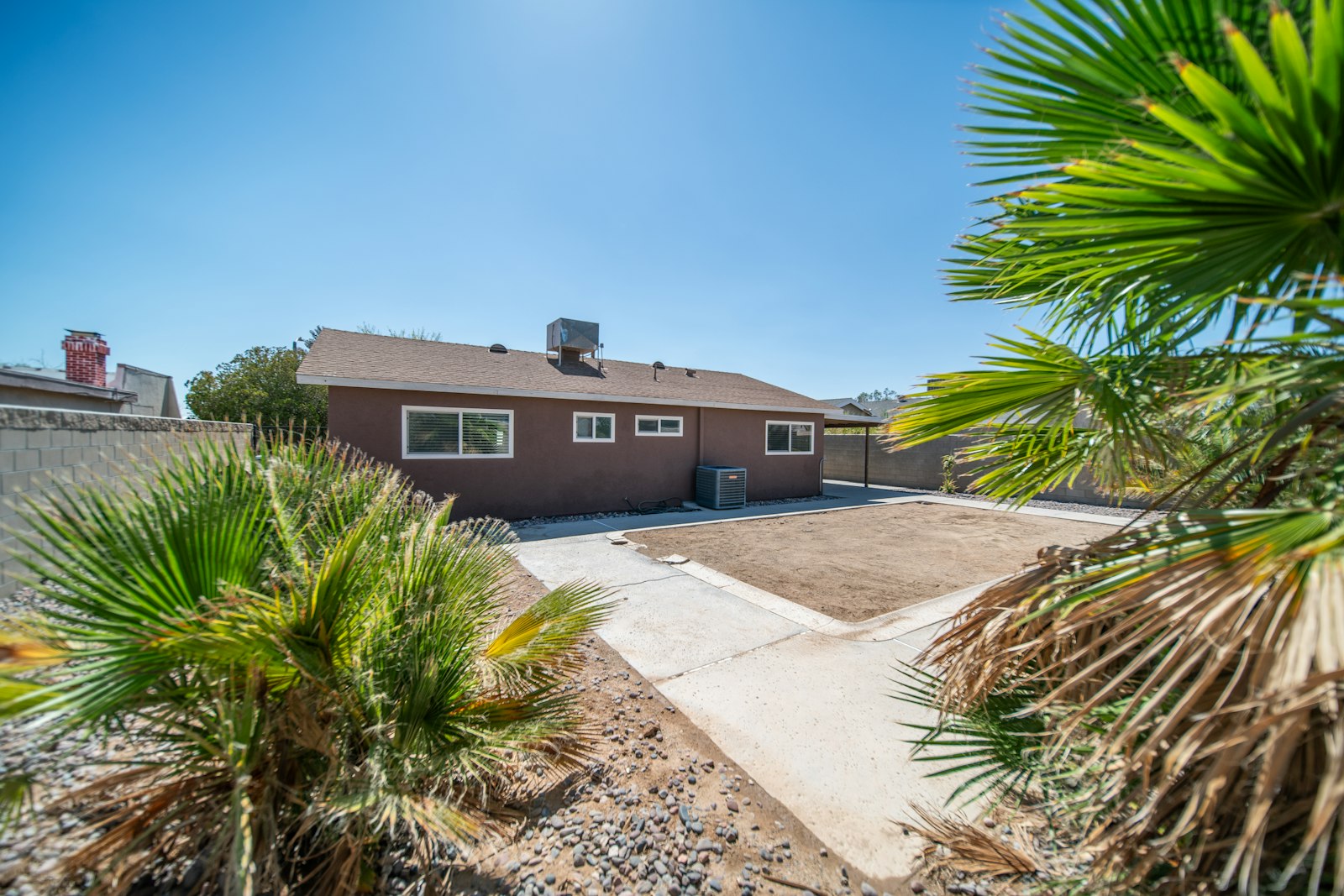 Fan palms framing a bare dirt yard behind a single-story stucco home